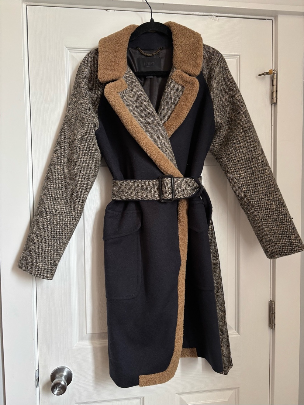 J. Crew Collection Rare Navy Wool Shearling Tweed Belted Robe Coat 6